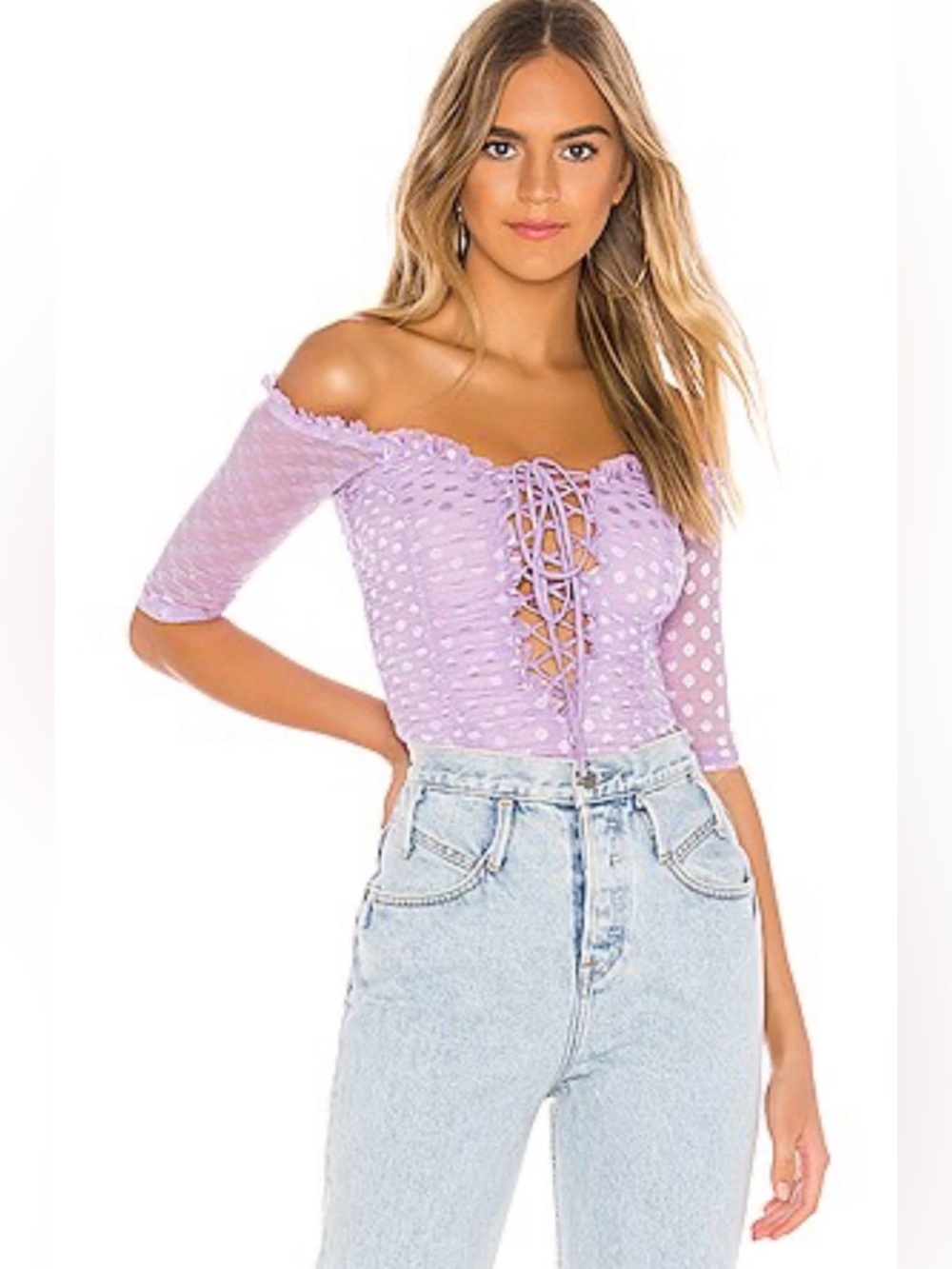 MAJORELLE Lavender Off-Shoulder Lace-Up Polka Dot Camisole